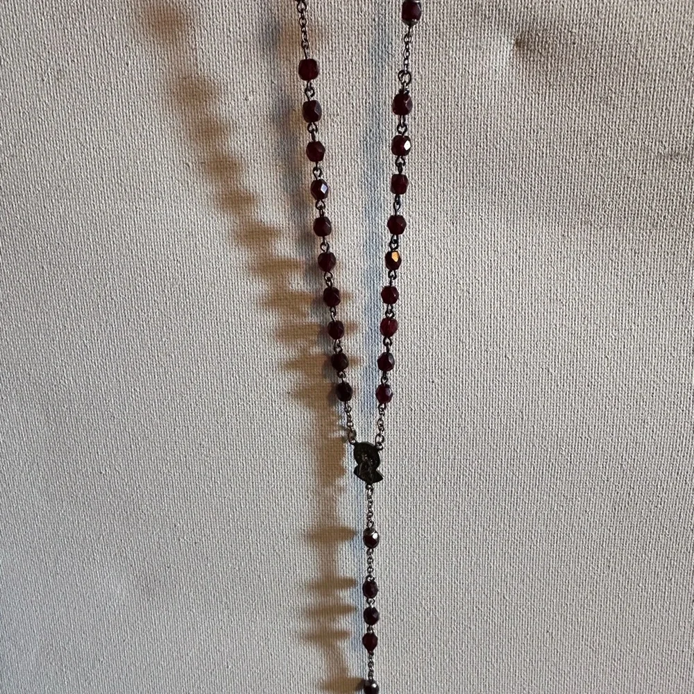 Vintage Sterling Silver and Red Garnet Beaded Cross Crucifix Rosary Necklace - Picture 7 of 7